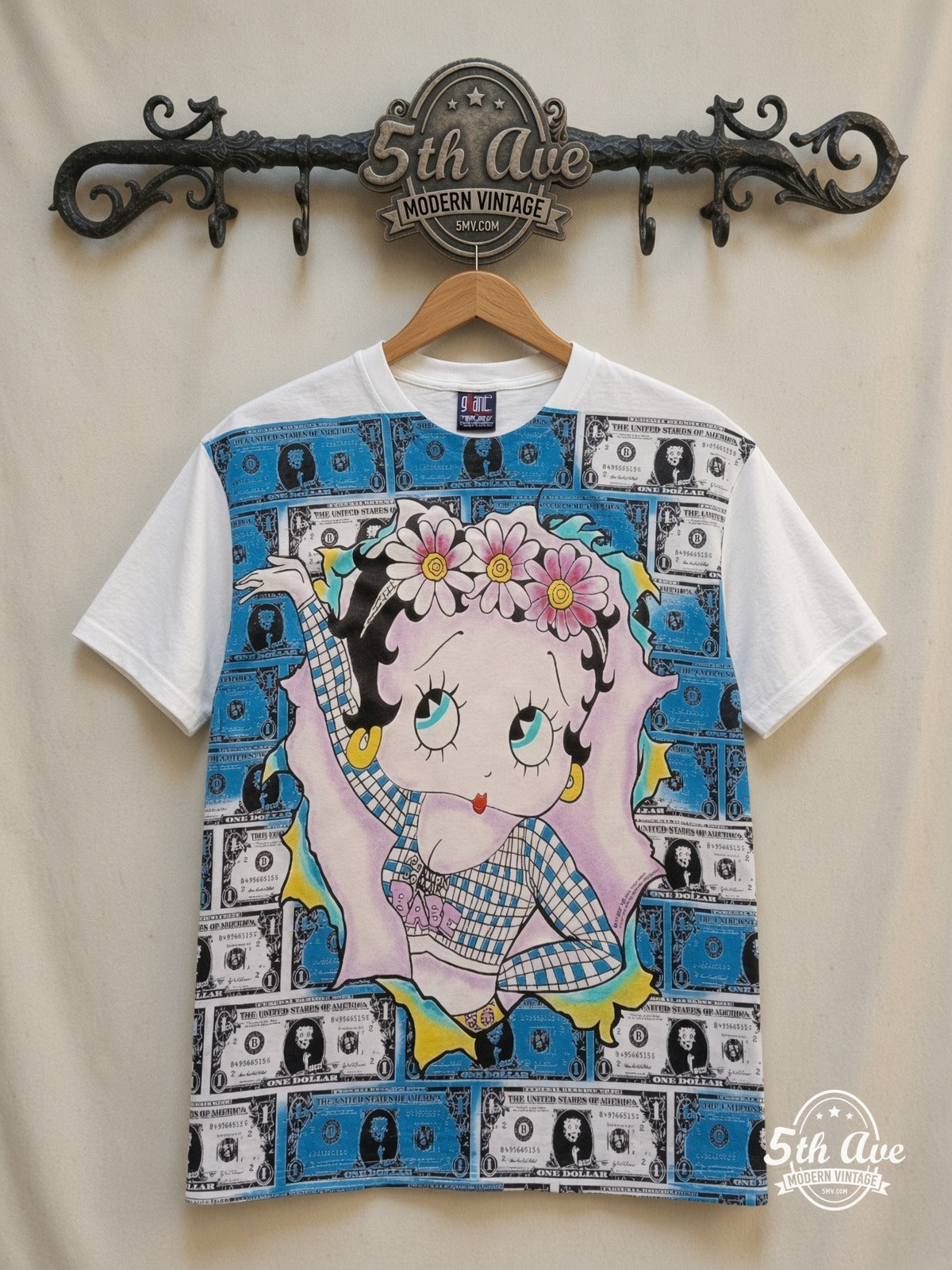 Betty Boop Betty Boop Hundred Dollar Bills all over print vintage cartoon t-shirt front on cream 5th Ave rack