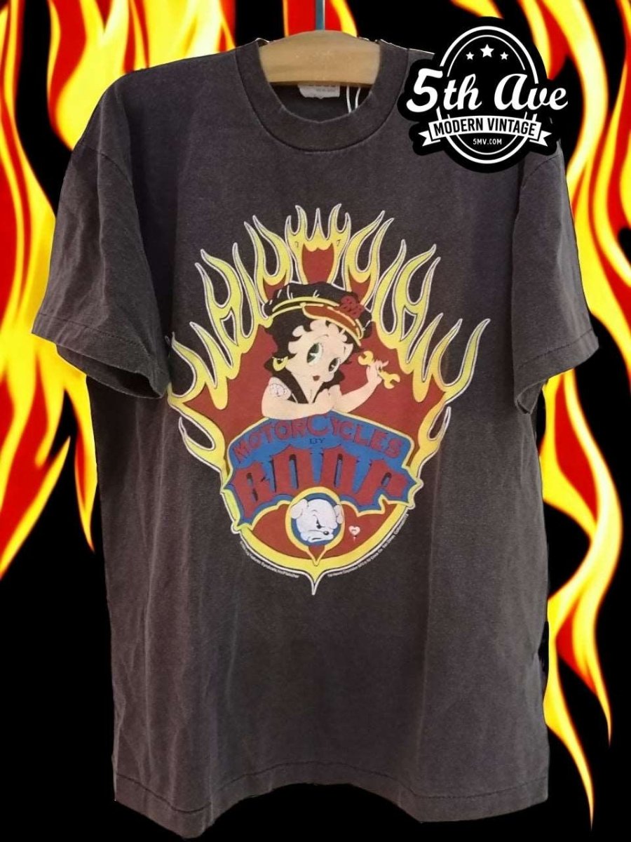 Betty Boop Motorcycle Babe Flame Circle Distressed T-Shirt - Vintage Band Shirts