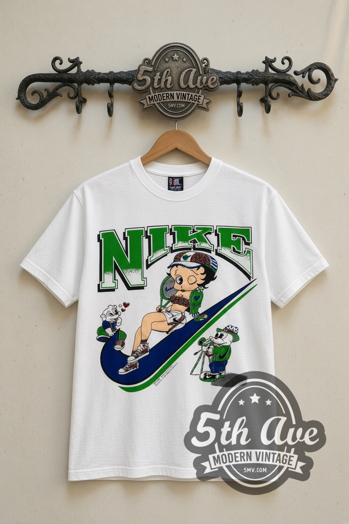 Betty Boop Nike Swoosh cartoon tee in white, front view on the 5MV rack