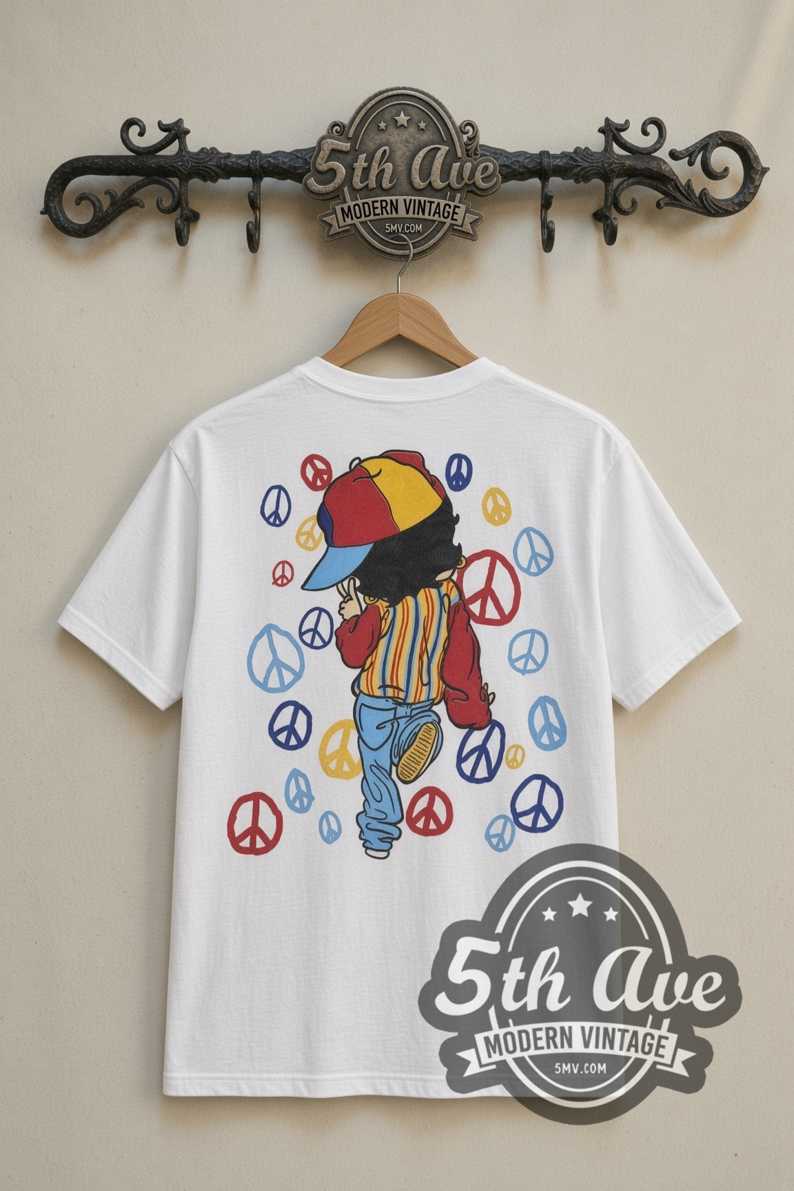 Betty Boop Peace Signs Hip-Hop cartoon tee in white, back view on a display rack