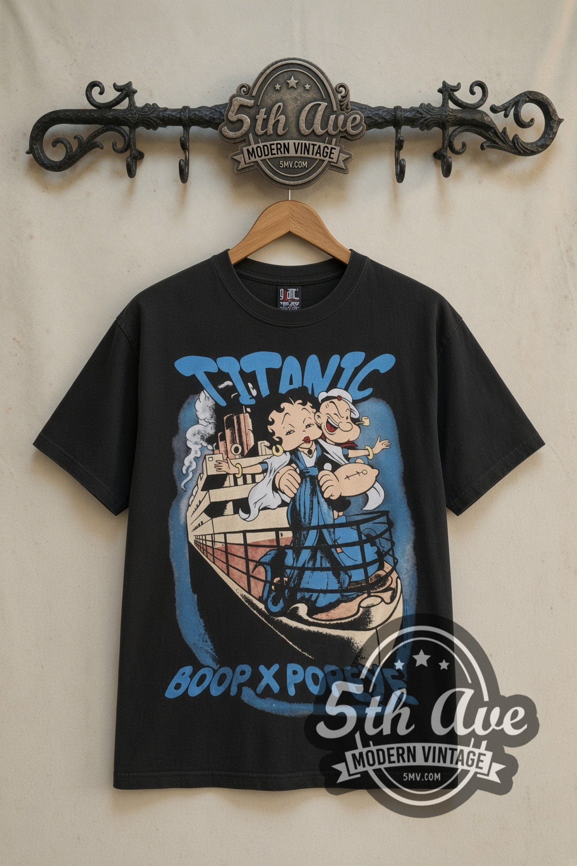 Betty Boop Popeye Titanic movie tee in black, front view on the 5MV rack