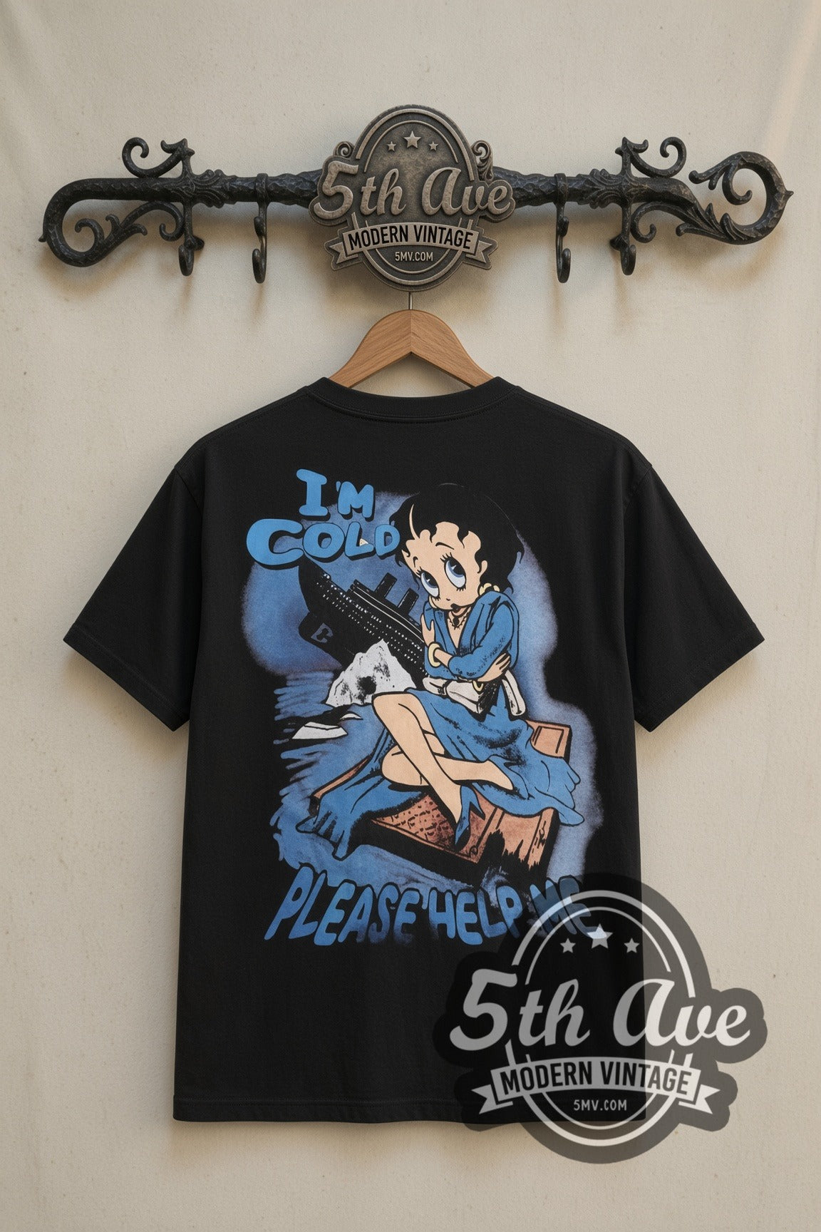 Betty Boop Popeye Titanic movie tee in black, back view on the 5MV rack