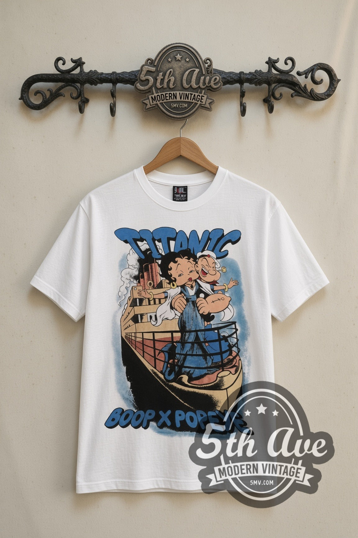 Betty Boop Popeye Titanic movie tee in white, front view on the 5MV rack
