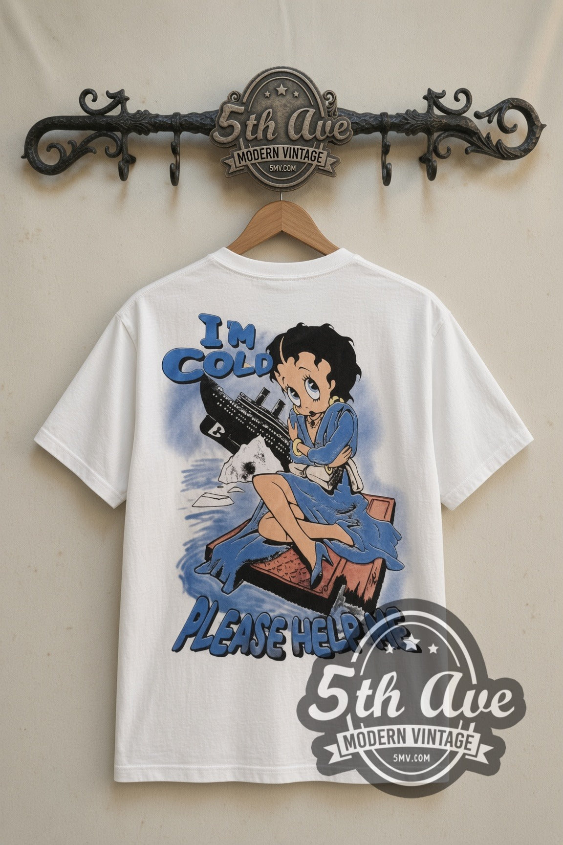 Betty Boop Popeye Titanic movie tee in white, back view on the 5MV rack