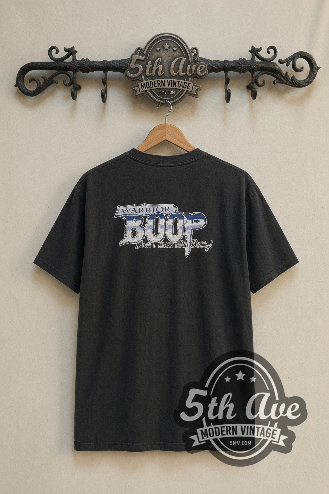 Back print of Betty Boop Warrior Boop tee on the 5MV rack