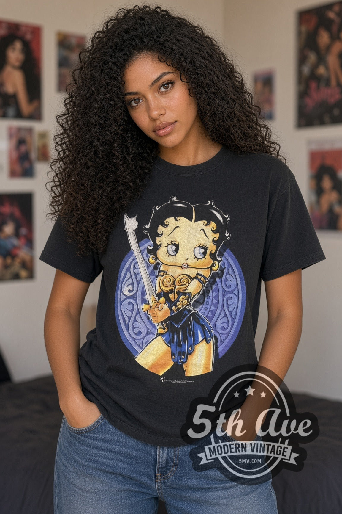 Woman wearing black Betty Boop Warrior Boop vintage cartoon t-shirt