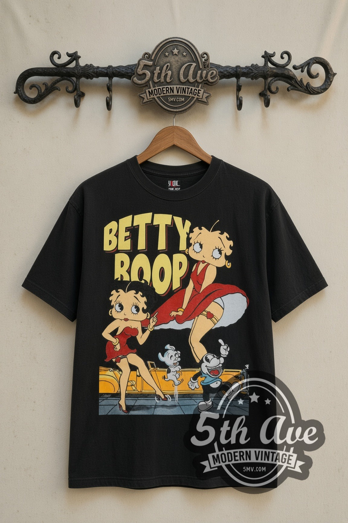 Betty Boop What Would You Like to Order cartoon tee in black, front view on the 5MV rack