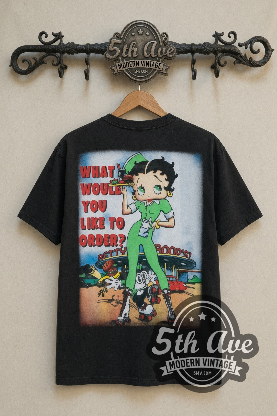 Betty Boop What Would You Like to Order cartoon tee in black, back view on the 5MV rack