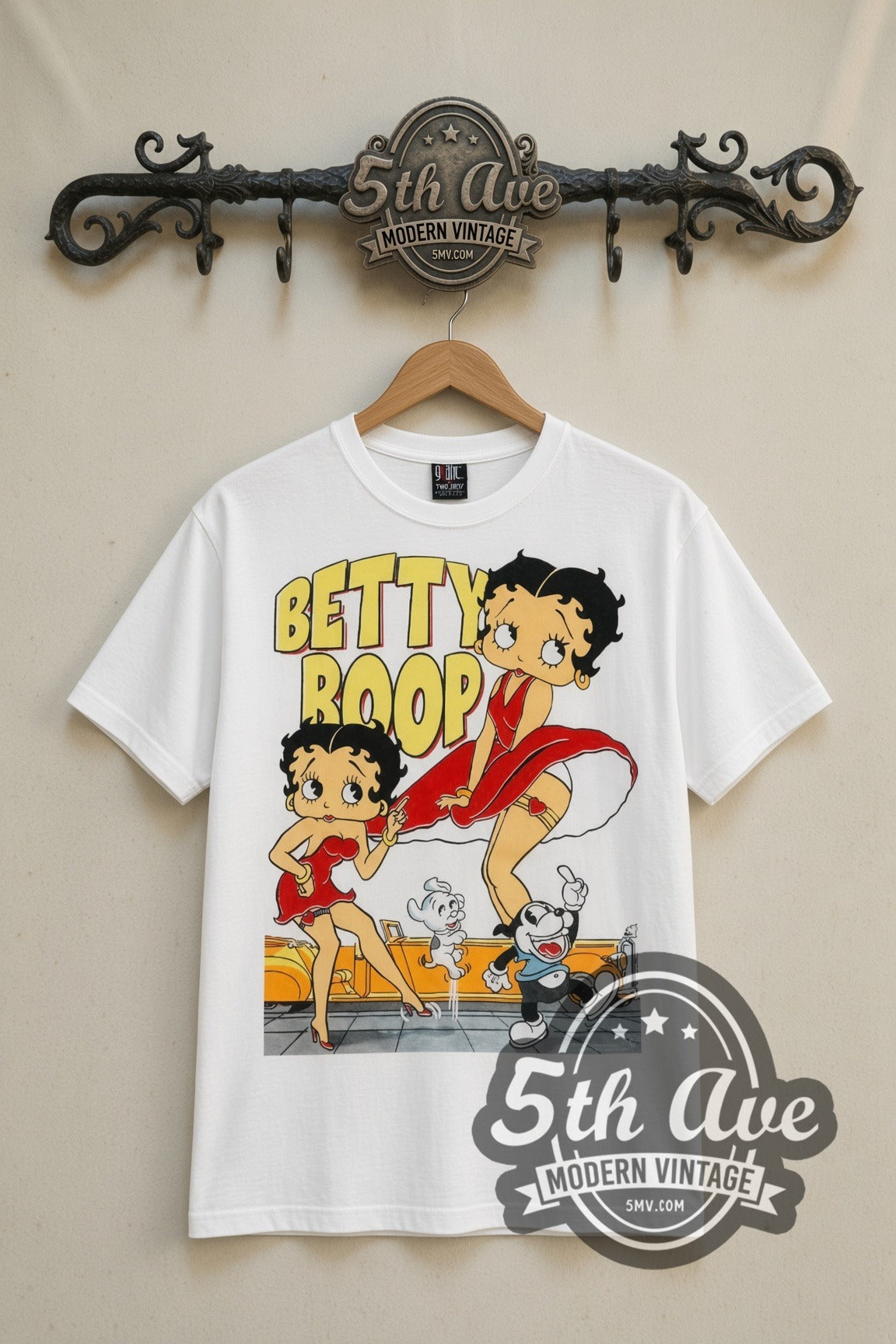 Betty Boop What Would You Like to Order cartoon tee in white, front view on the 5MV rack