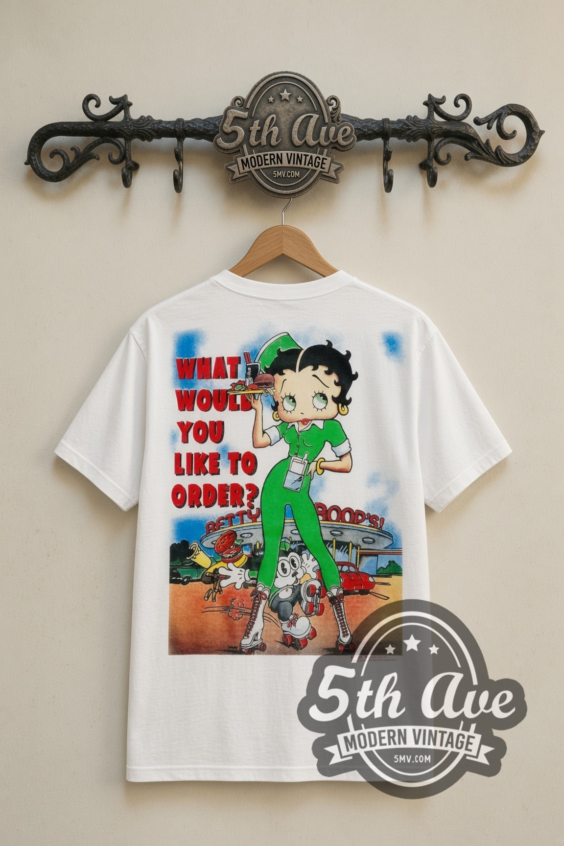 Betty Boop What Would You Like to Order cartoon tee in white, back view on the 5MV rack
