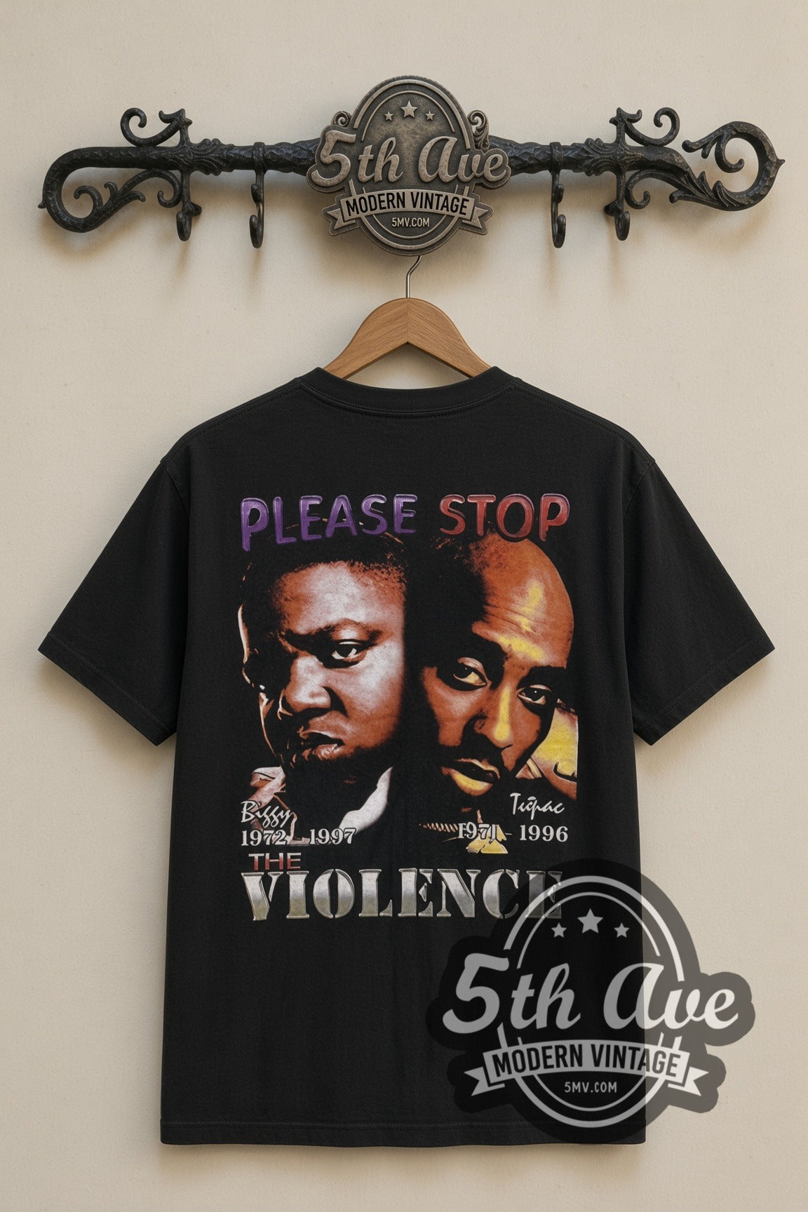 The Notorious B.I.G. & Tupac Please Stop the Violence rap tee in black, back view on a display rack