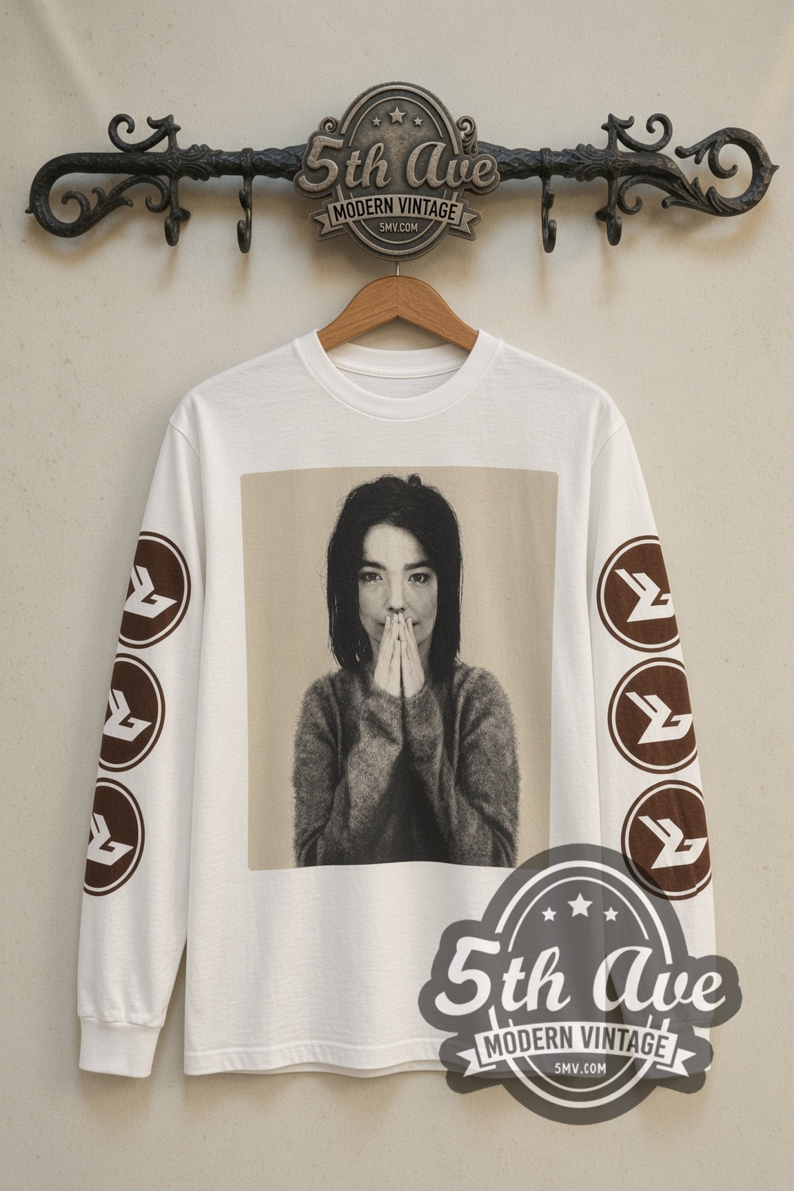 Björk Debut hands over mouth long sleeve band t-shirt front on the 5MV rack