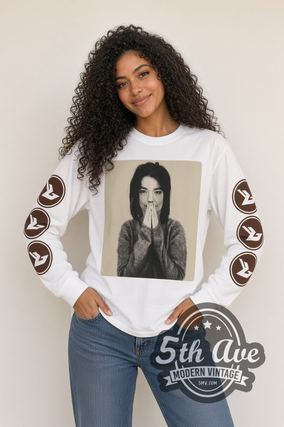 Woman wearing white Björk Debut vintage band long sleeve t-shirt
