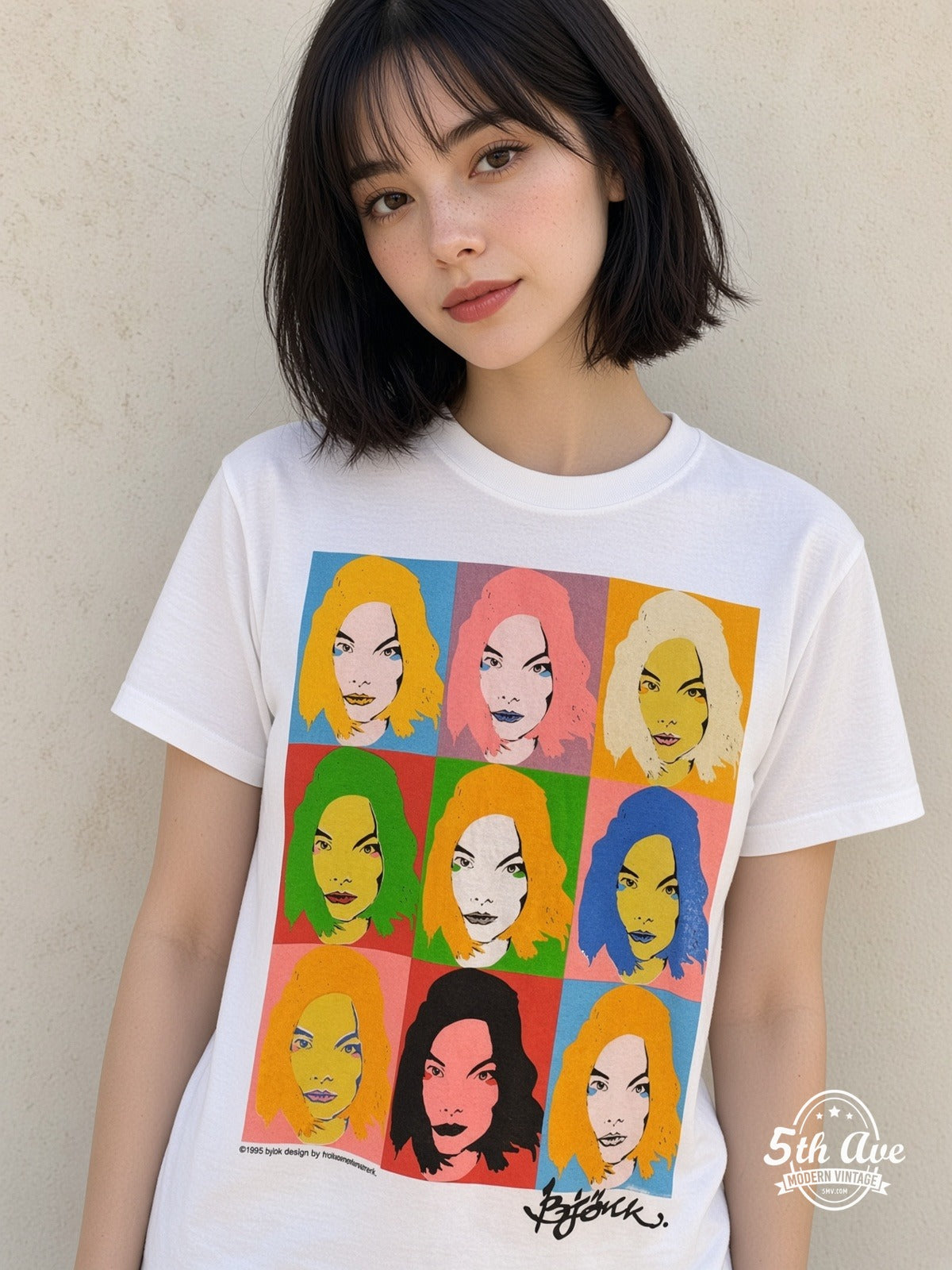 Model wearing Björk POST Warhol Grid vintage band t-shirt