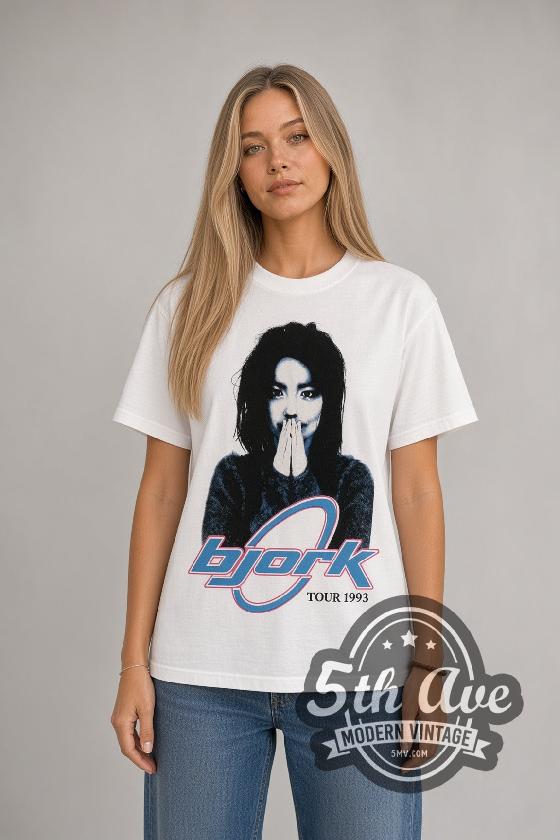 Woman wearing white Björk vintage band t-shirt