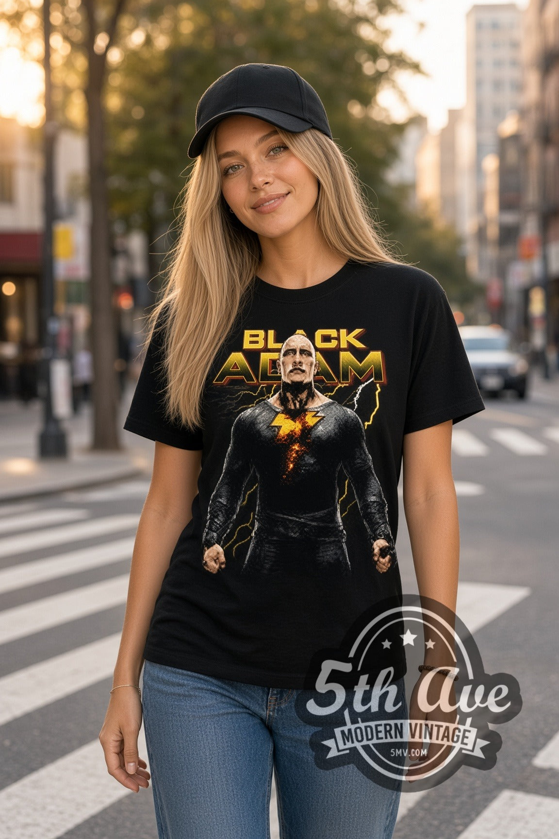 Woman wearing Black Adam double stitched black graphic tee
