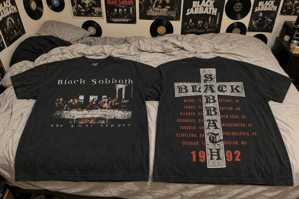 Black Sabbath The Last Supper 1992 vintage band t-shirt on bed