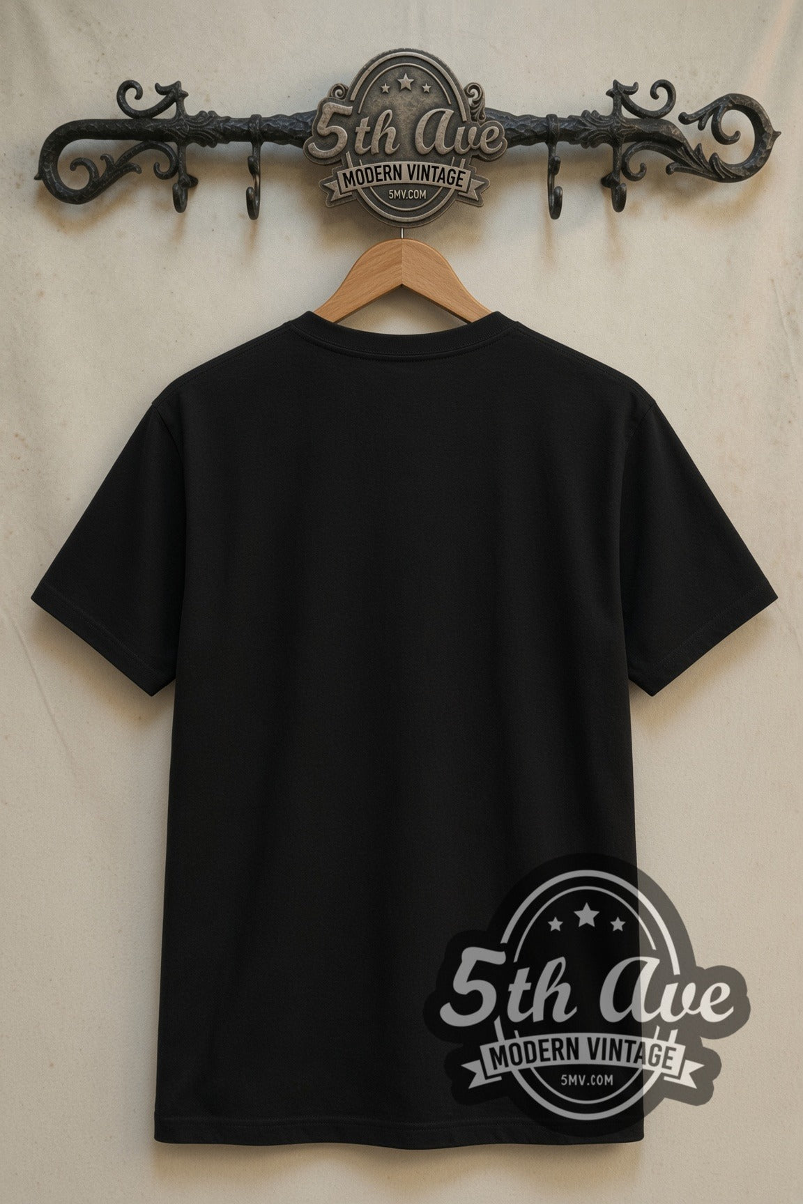 Plain black back of Black Widow Natasha Romanoff double stitched tee on rack