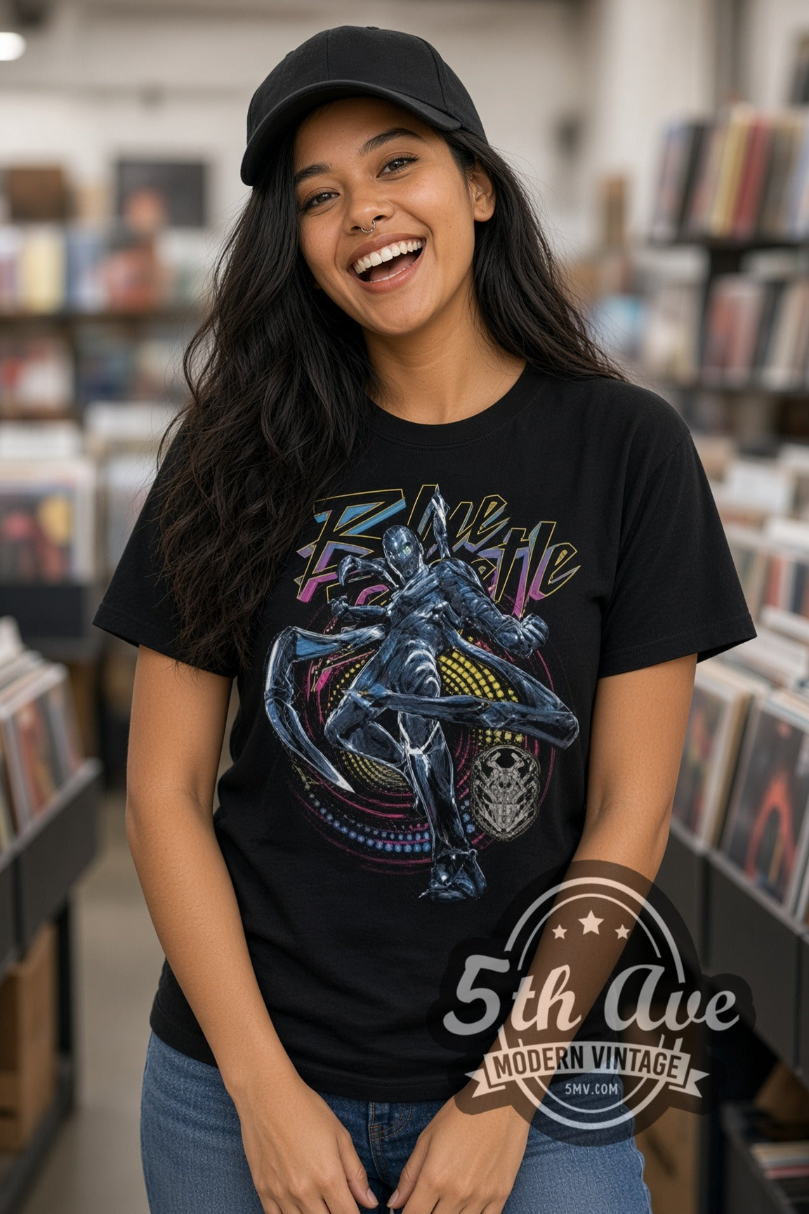 Woman wearing Blue Beetle double stitched black graphic tee