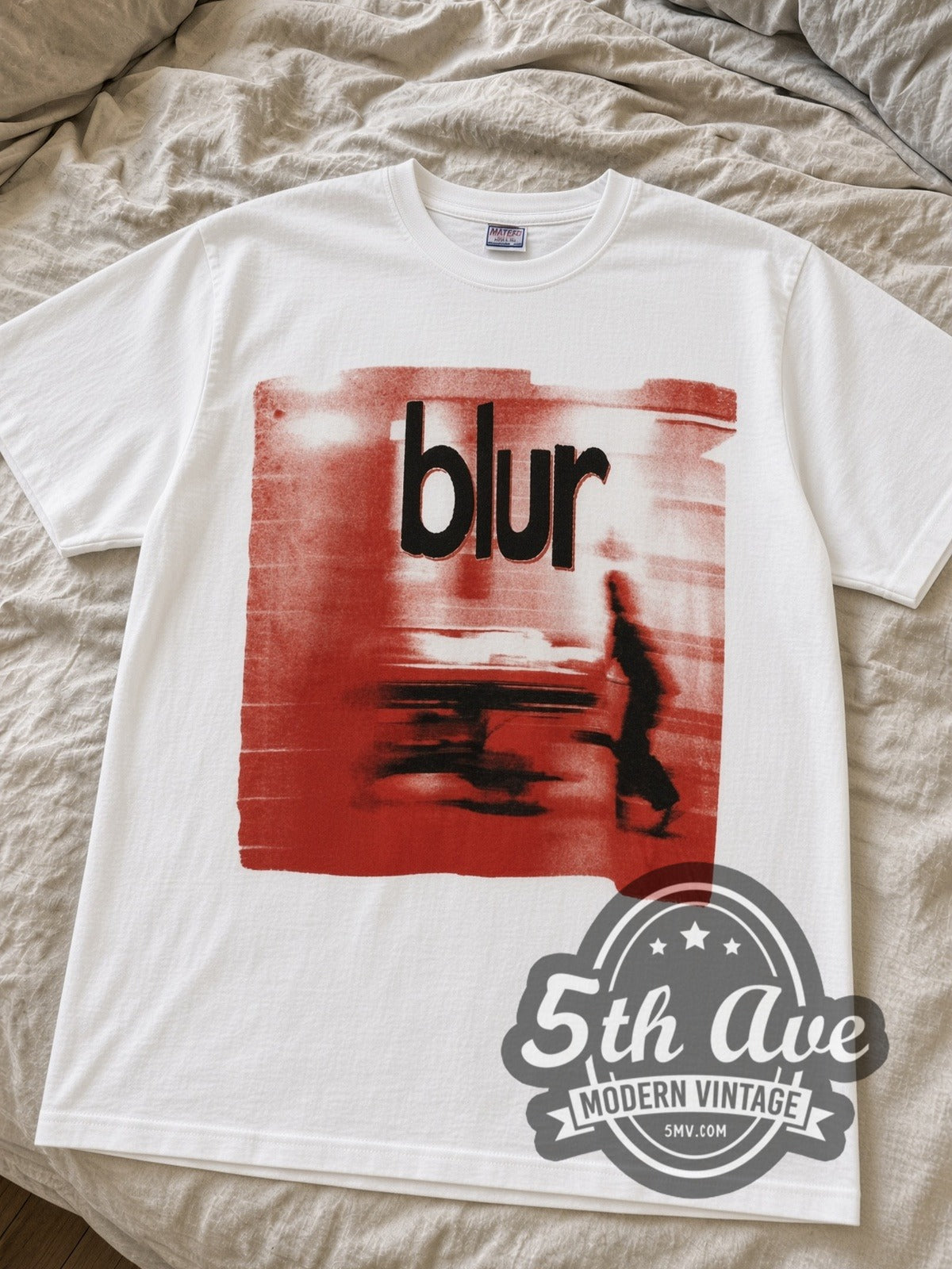 White Blur Live in Concert World Tour 1997 vintage band tee laid flat on linen bed