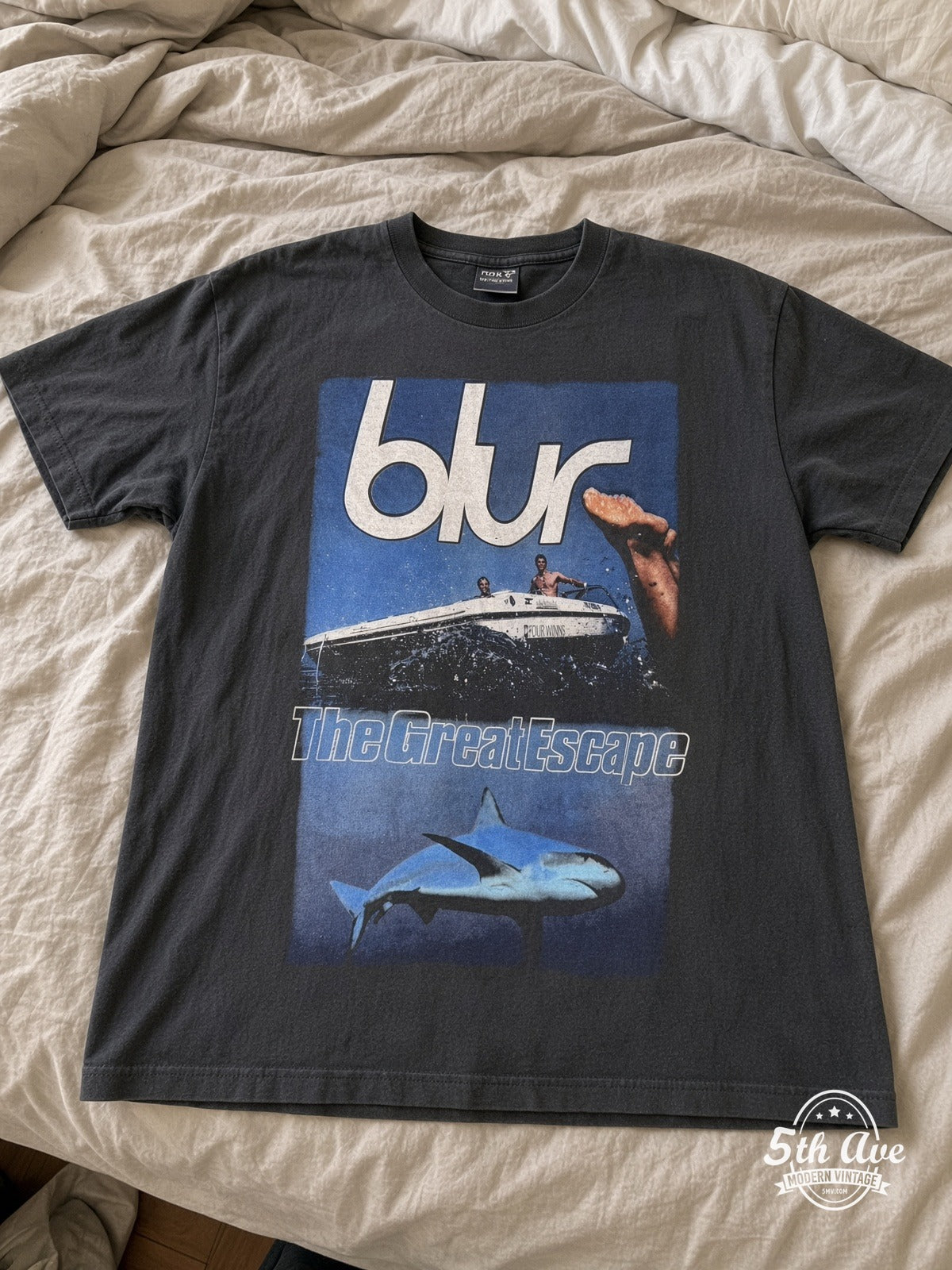 Blur The Great Escape 96 Tour vintage band tee laid on bed