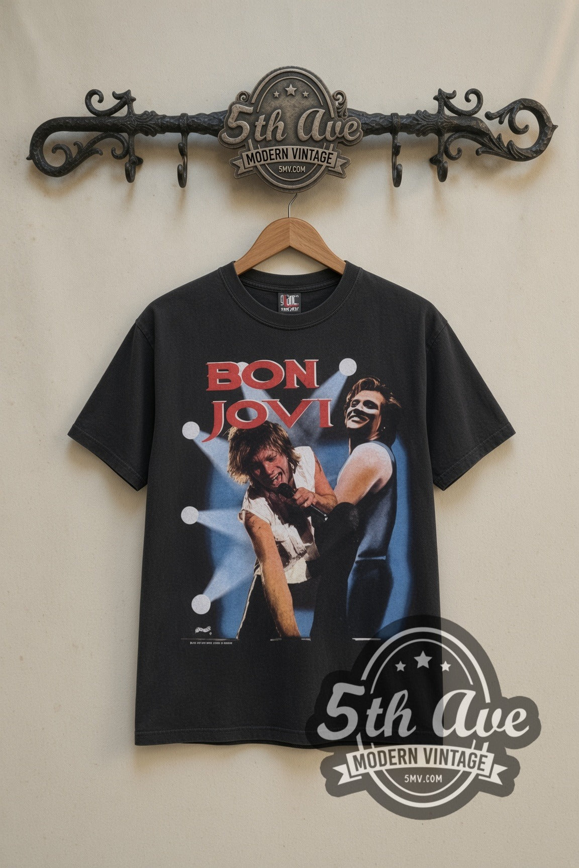 Bon Jovi Jon & Richie Steer Skull vintage band t-shirt in black, front view on a display rack