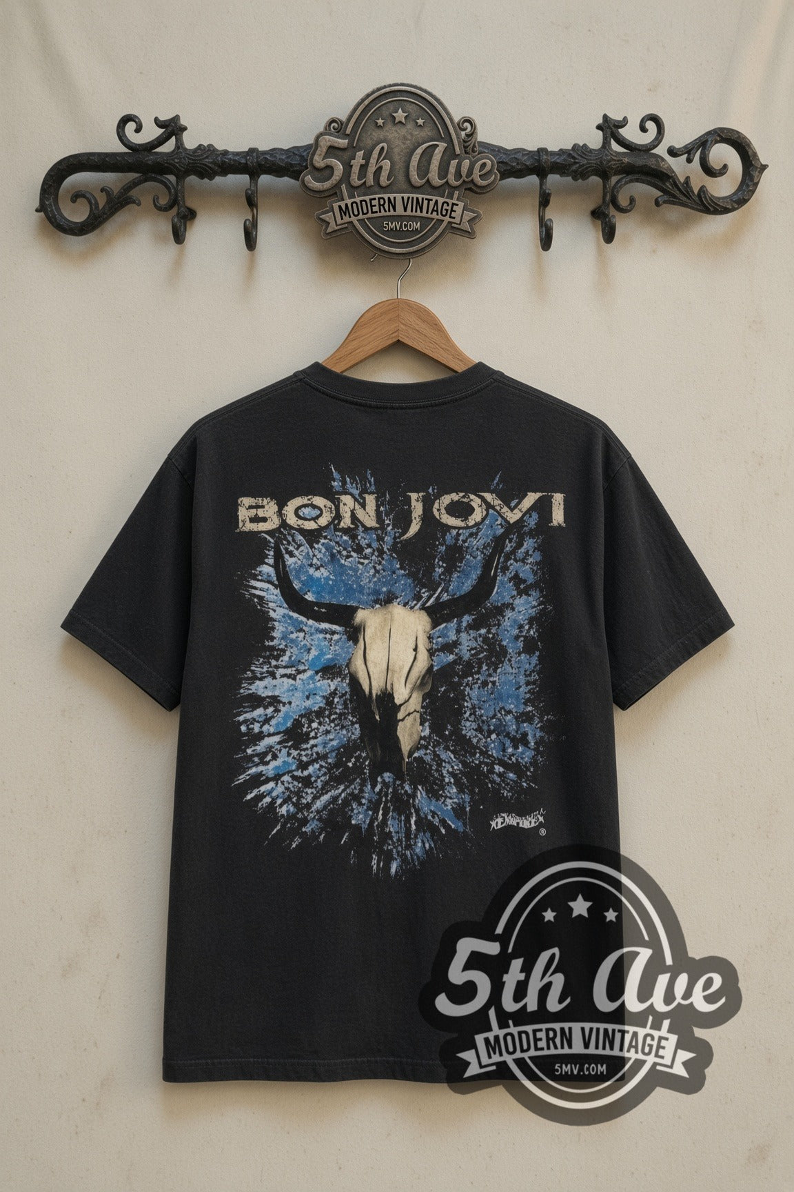 Bon Jovi Jon & Richie Steer Skull band t-shirt in black, back view on a display rack