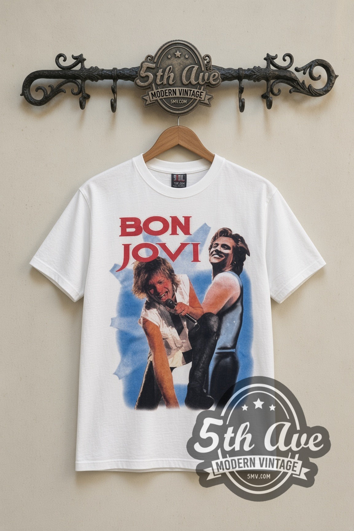 Bon Jovi Jon & Richie Steer Skull vintage band t-shirt in white, front view on a display rack