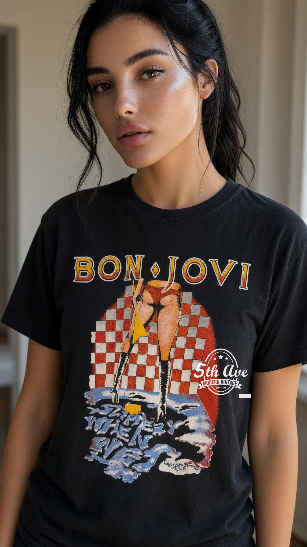Model wearing Bon Jovi Slippery When Wet vintage band tee