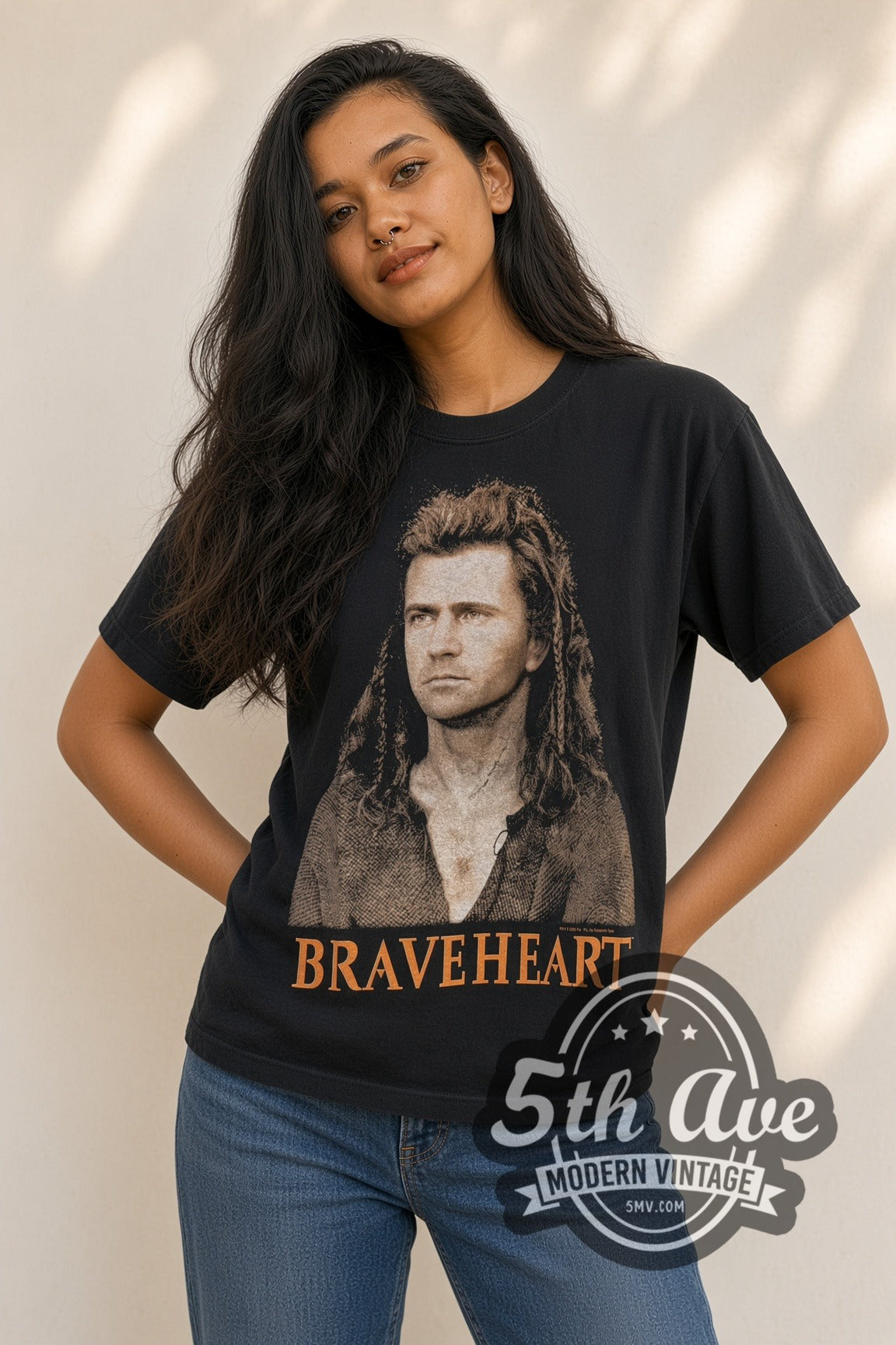 Woman wearing black Braveheart Mel Gibson Portrait & Battle Scene vintage movie tee