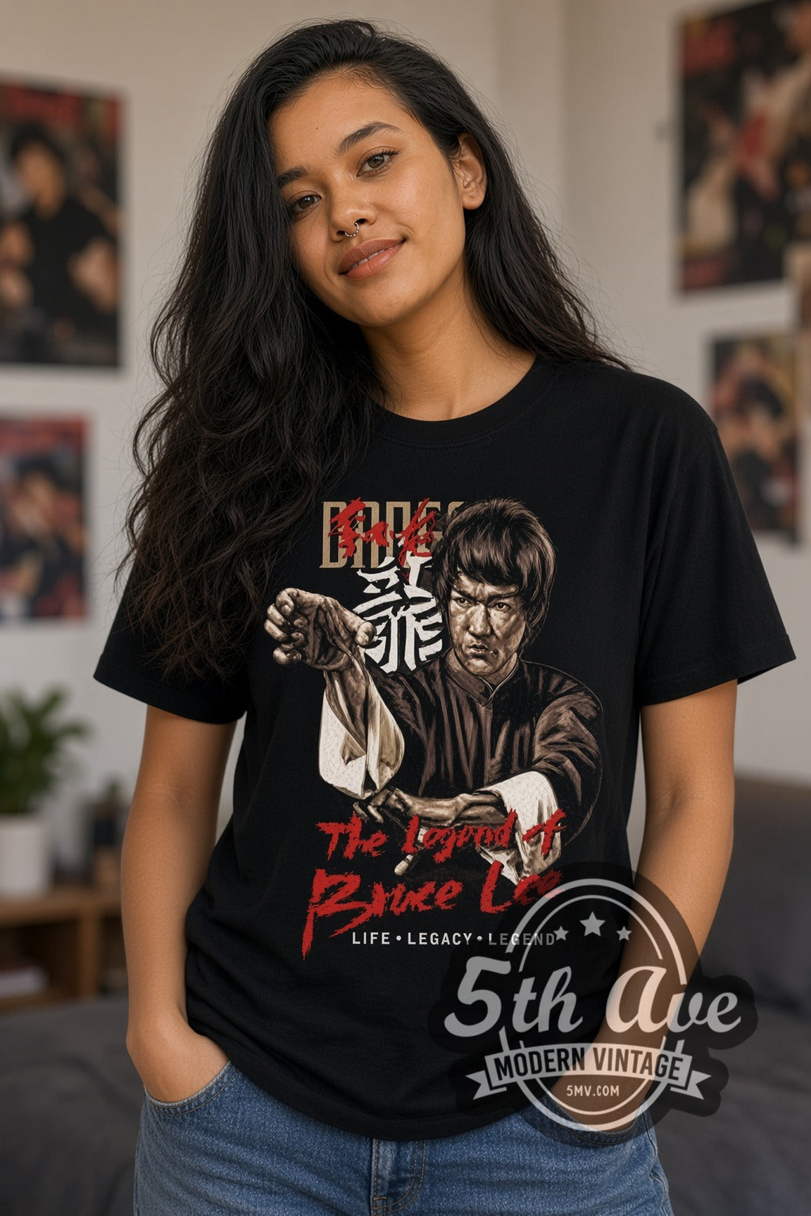 Woman wearing Bruce Lee Life Legacy Legend double stitched black graphic tee
