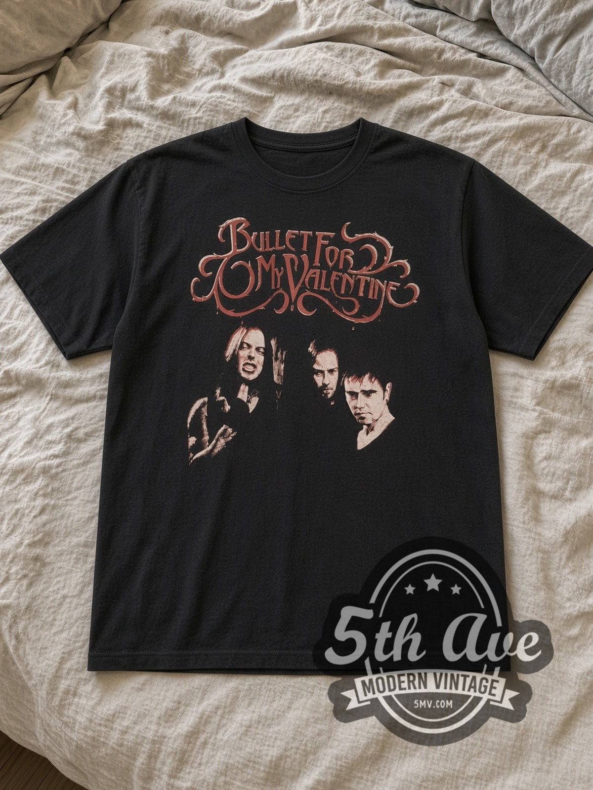 Black Bullet for My Valentine Faded Elegance Vintage Band T-Shirt laid flat on a linen bed