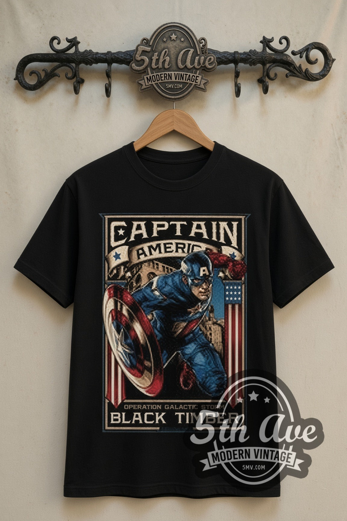 Captain America Operation Galactic Storm Frame double stitched black tee front on dark iron 5th Ave rack
