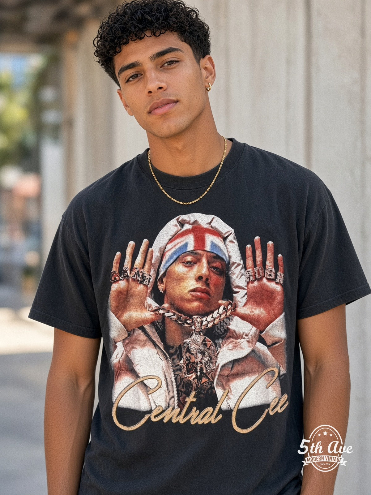 Model wearing Central Cee Can't Rush Obsessed vintage t-shirt