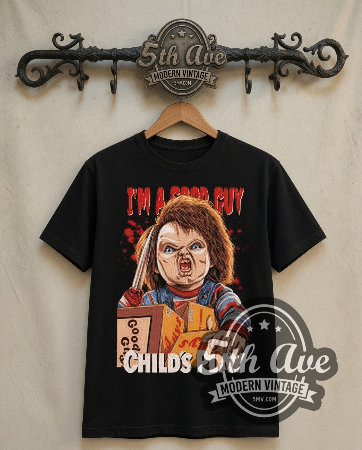 Child's Play Chucky I'm a Good Guy double stitched black tee front on dark iron 5th Ave rack