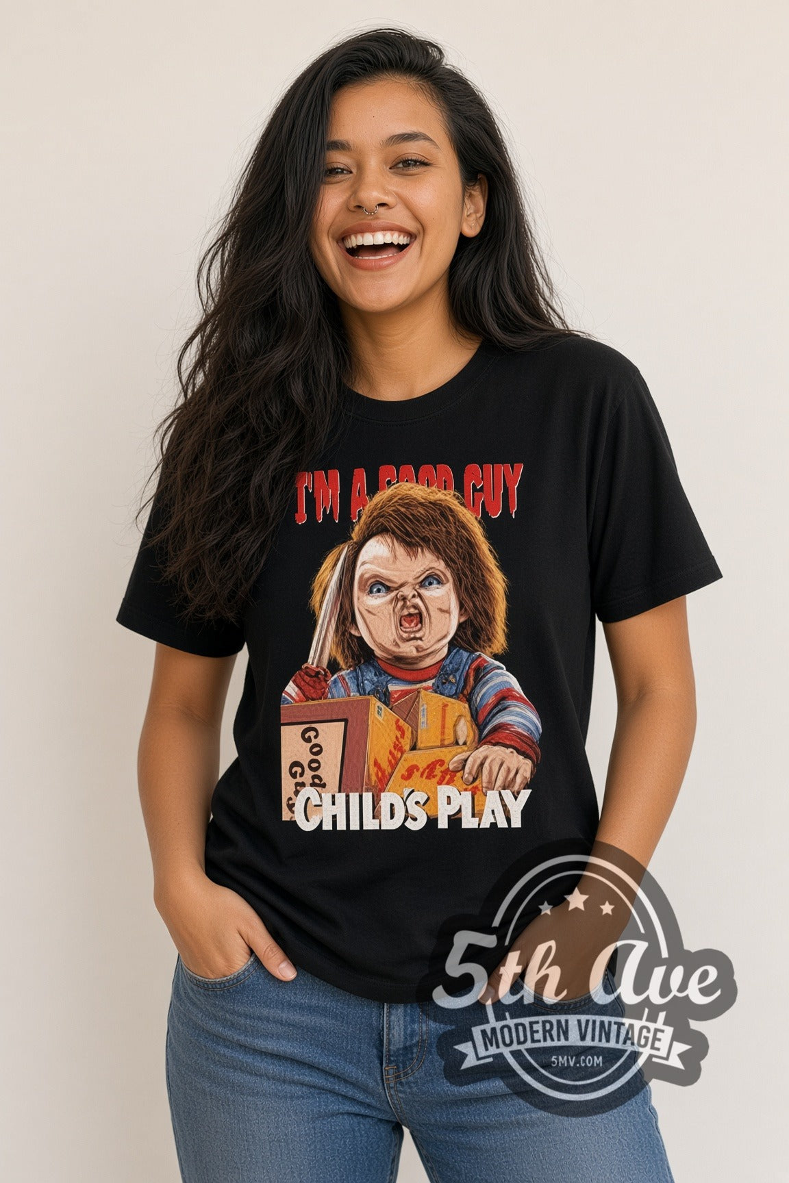 Woman wearing Child's Play Chucky I'm a Good Guy double stitched black graphic tee