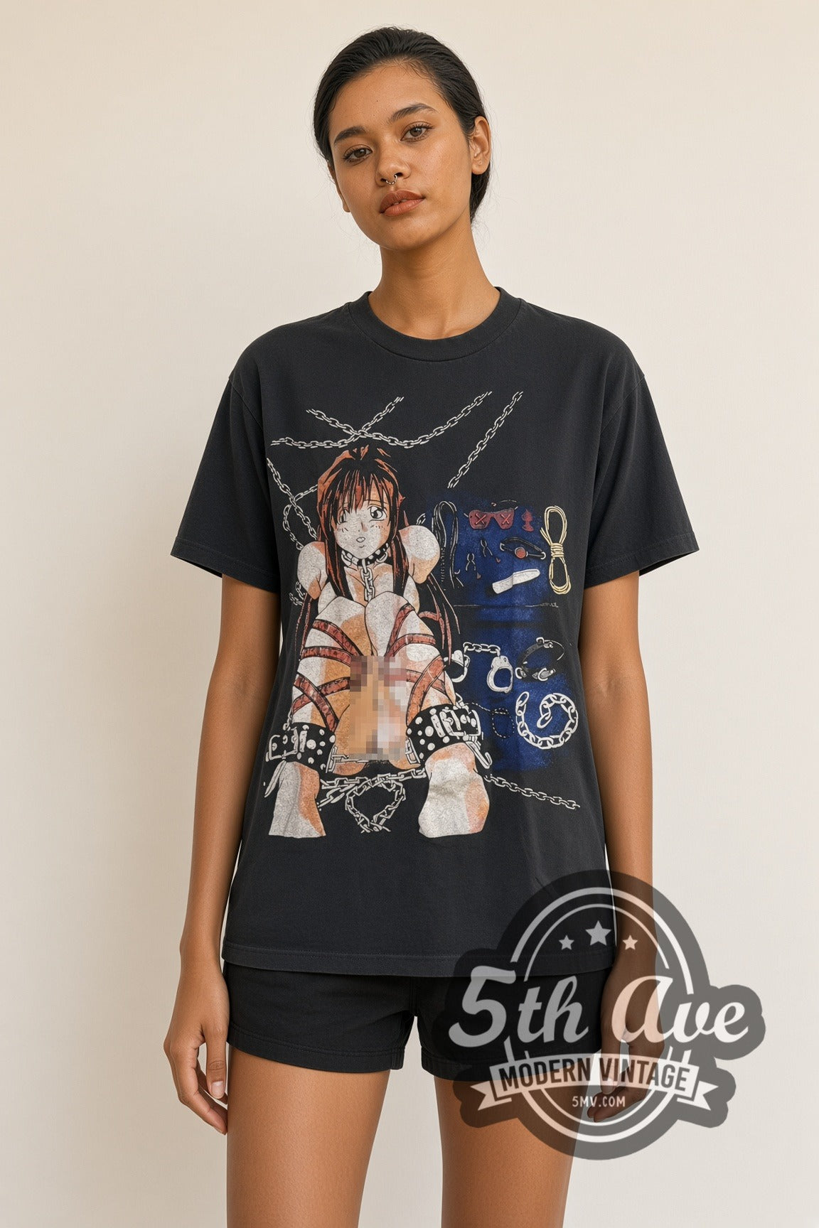 Model wearing Cool Devices Chained Anime Girls Front and Back vintage anime tee