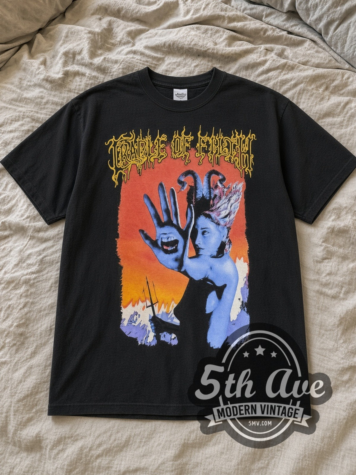 Black Cradle of Filth Speak To The Hand Vintage Band T-Shirt laid flat on a linen bed