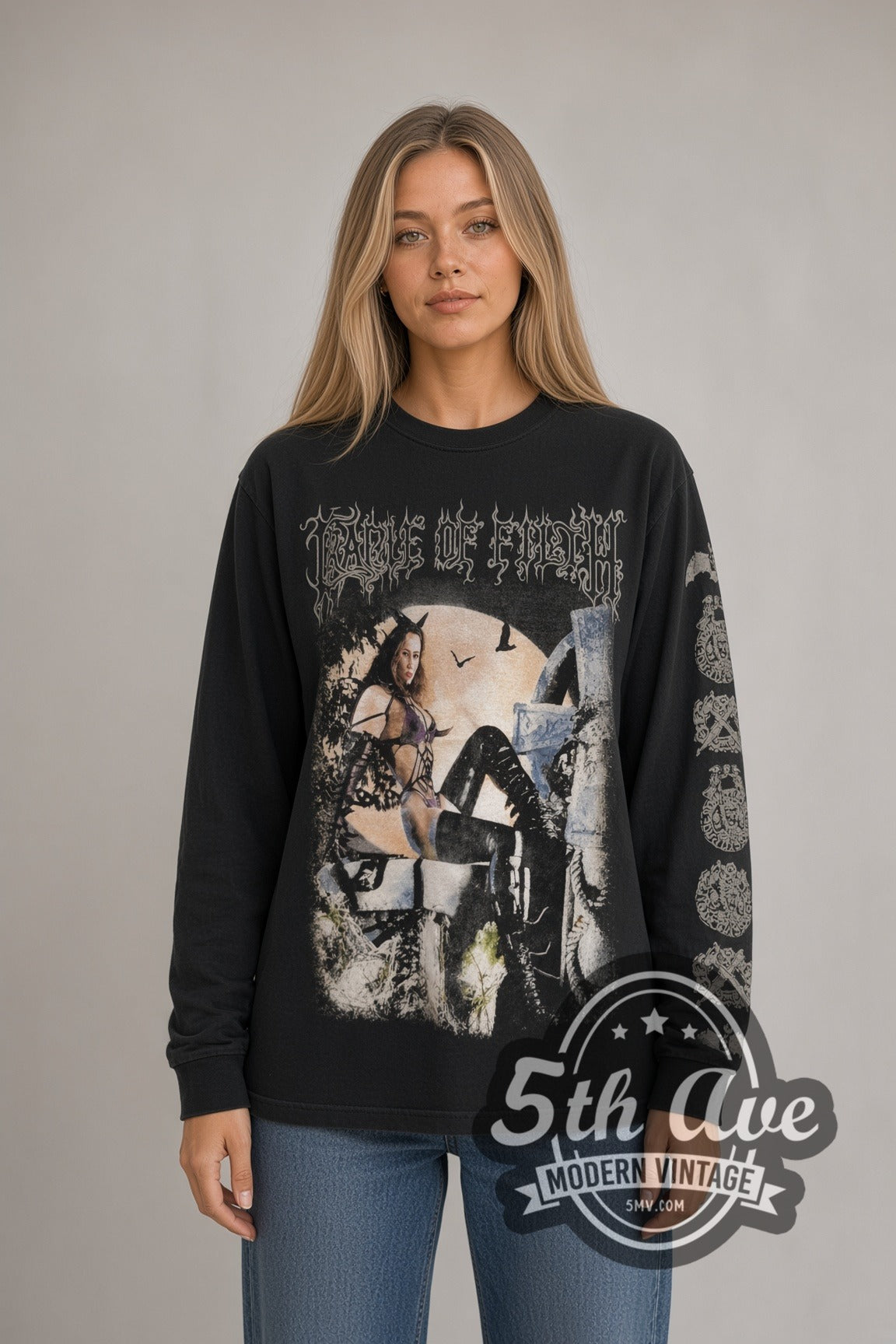 Man wearing black Cradle of Filth vintage band long sleeve t-shirt