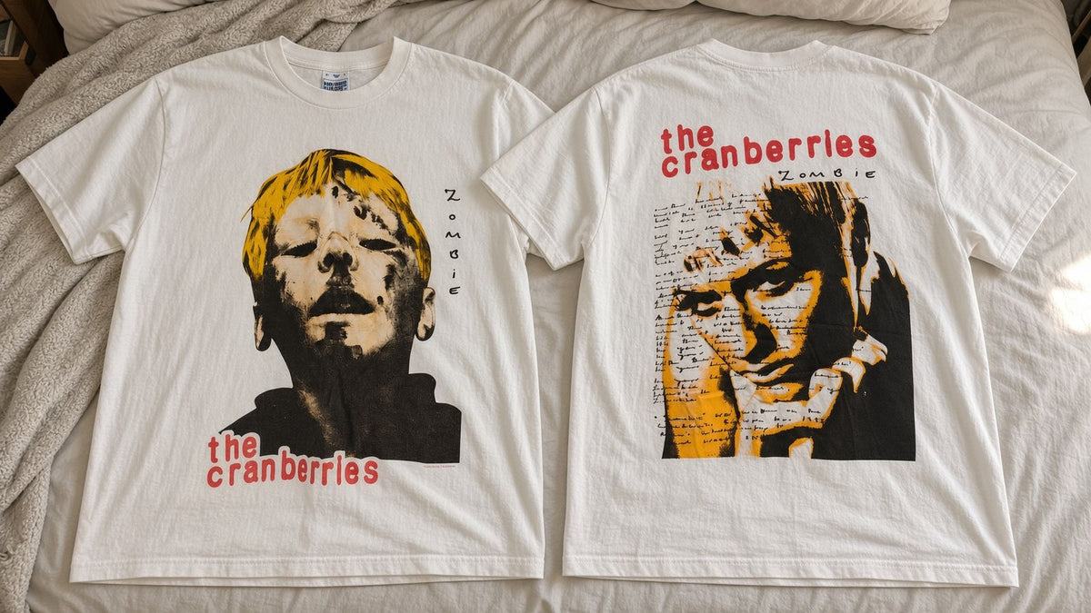 The Cranberries Zombie vintage band t-shirt on bed