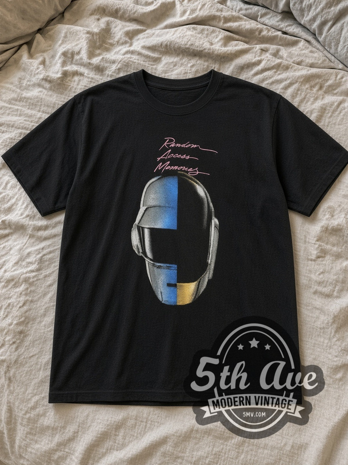 Black Daft Punk Random Access Memories Vintage Band T-Shirt laid flat on a linen bed