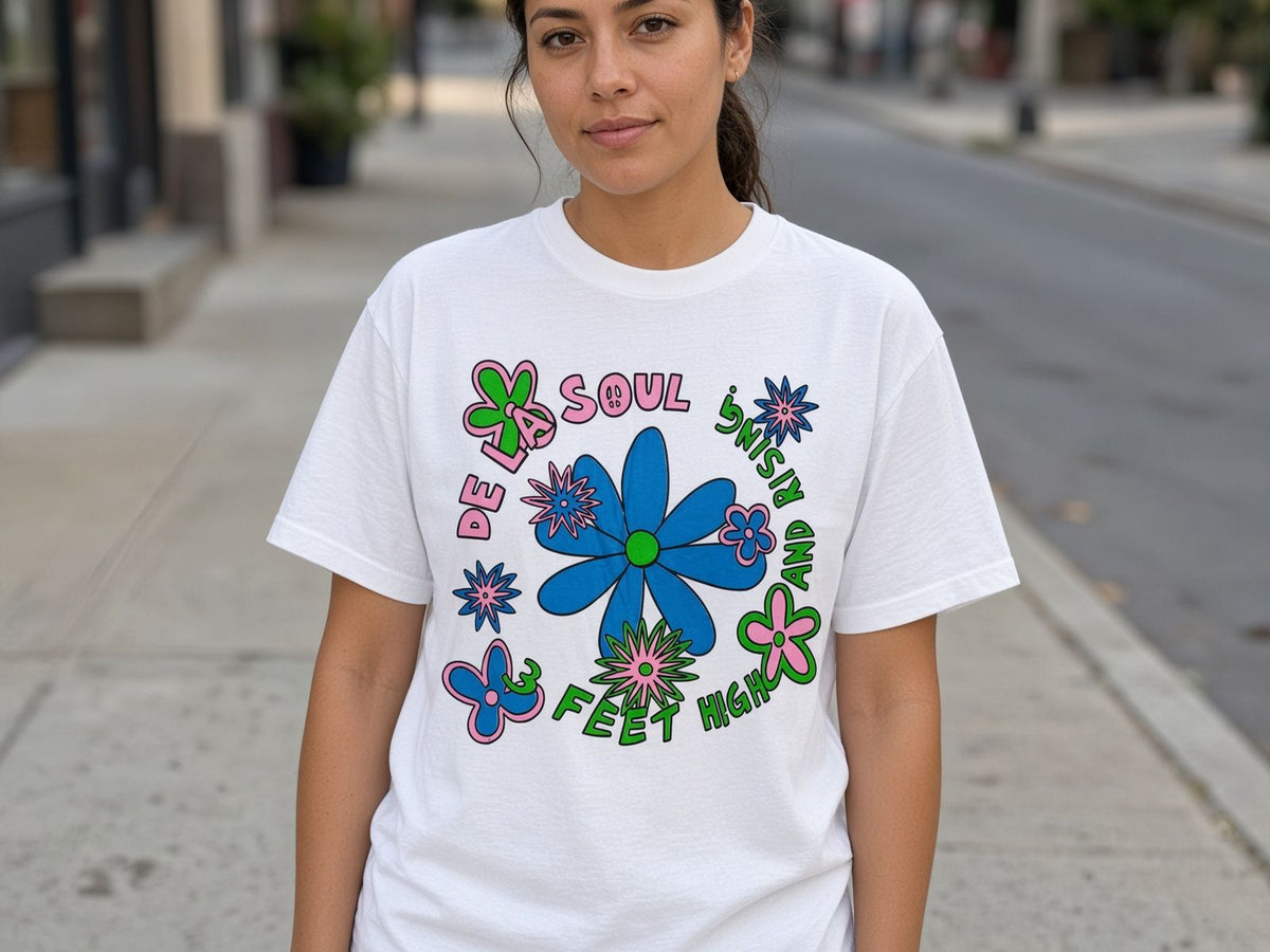 Model wearing De La Soul 3 Feet High and Rising vintage band t-shirt