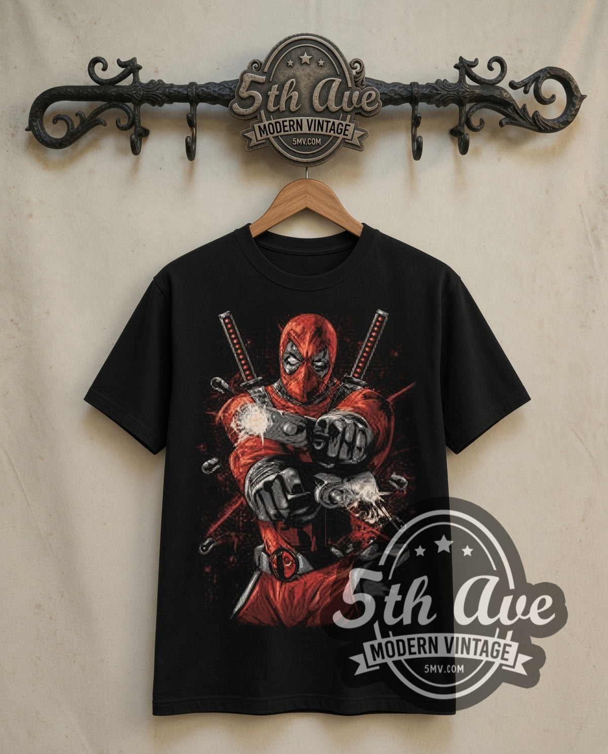 Deadpool Finger Guns with Katanas double stitched black vintage movie tee front on the 5MV rack