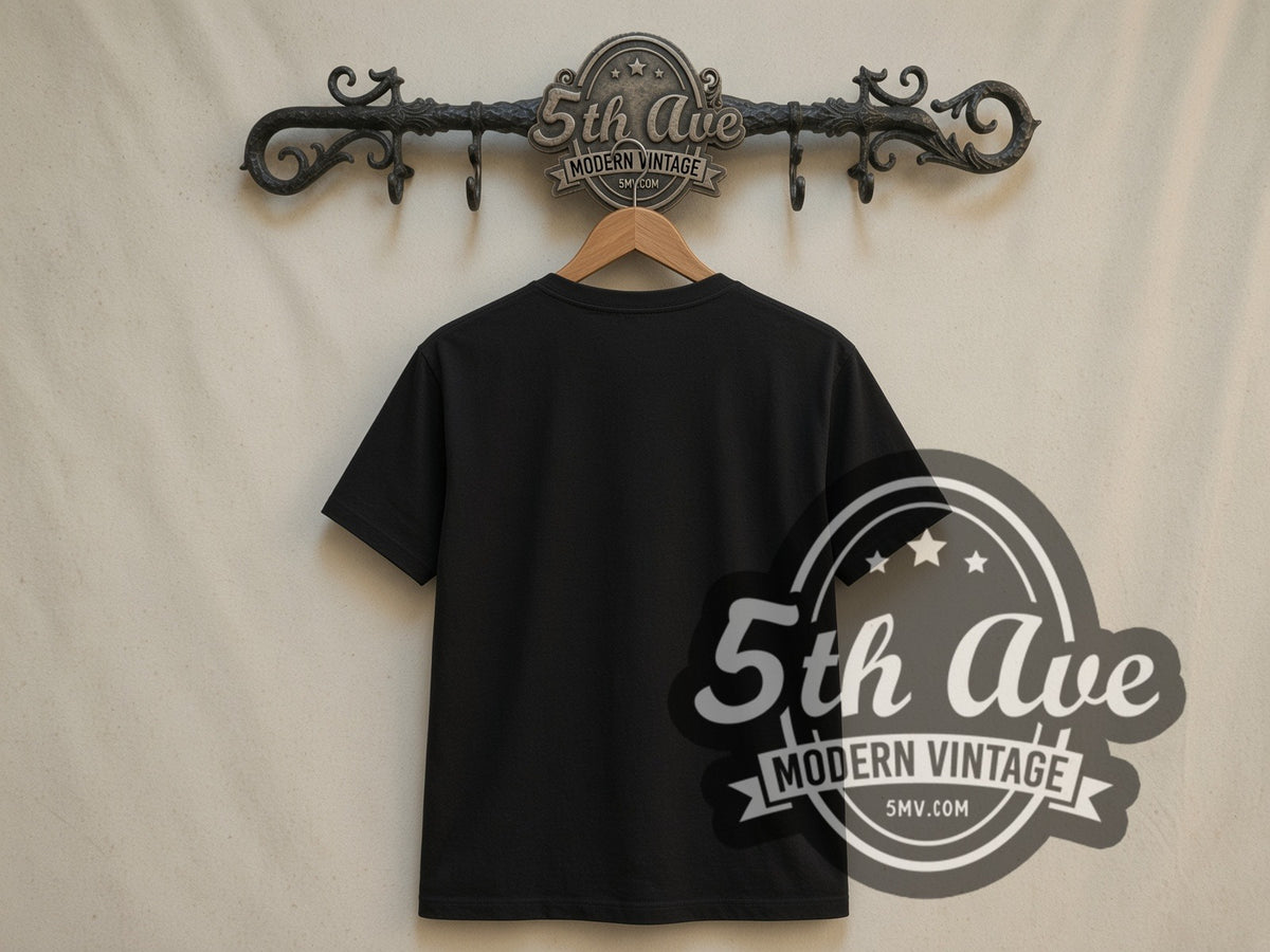 Plain black back of Deadpool Finger Guns with Katanas double stitched vintage movie tee on the 5MV rack