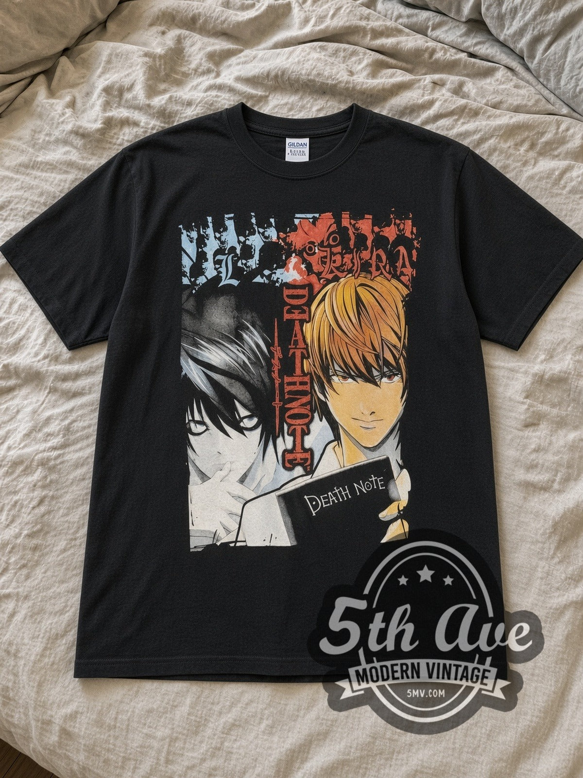 Black Death Note Kira vs L Vintage Anime T-Shirt laid flat on a linen bed