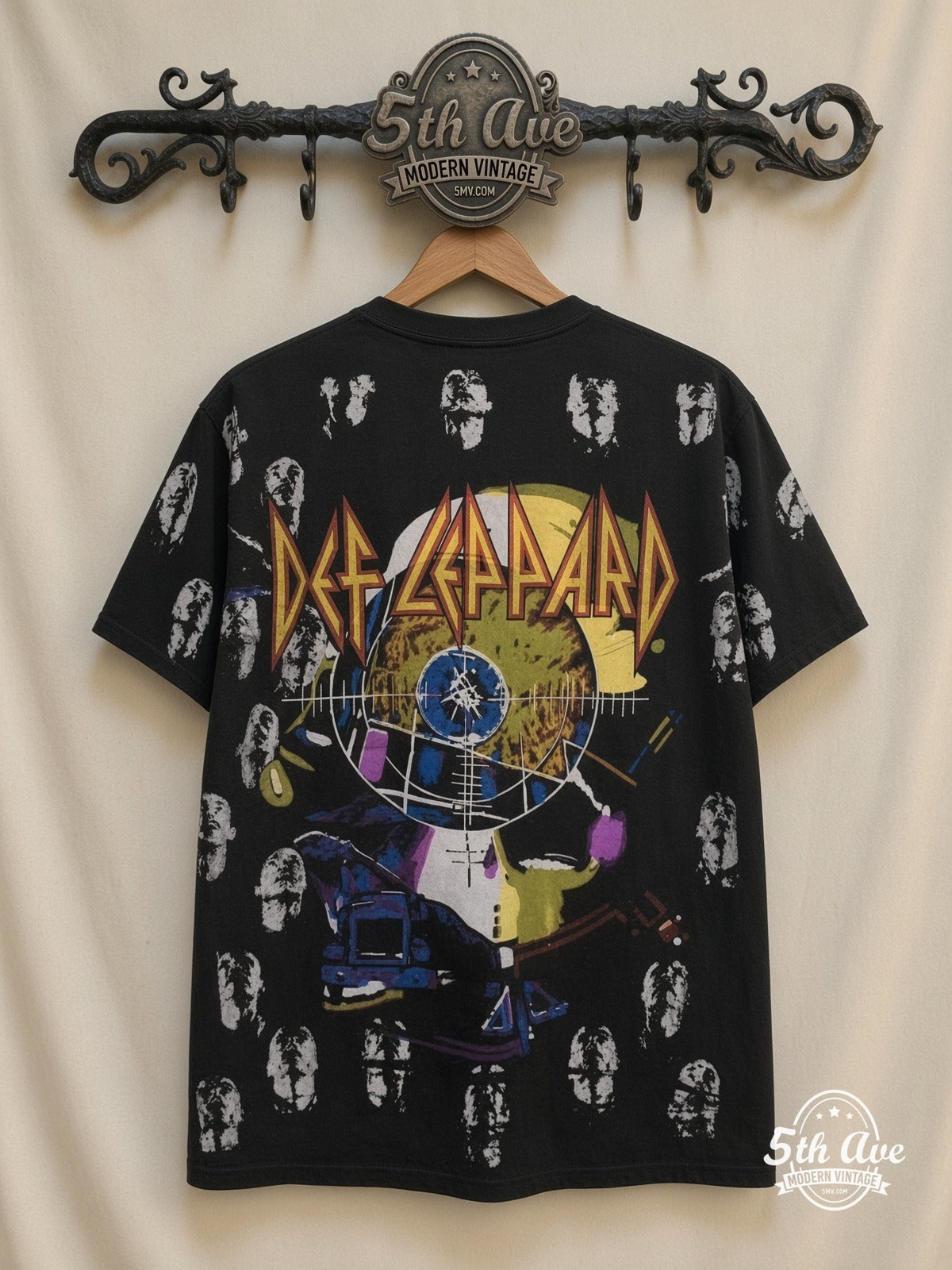 Def Leppard Hysteria Pyromania Mashup all over print vintage tee back on cream 5th Ave rack