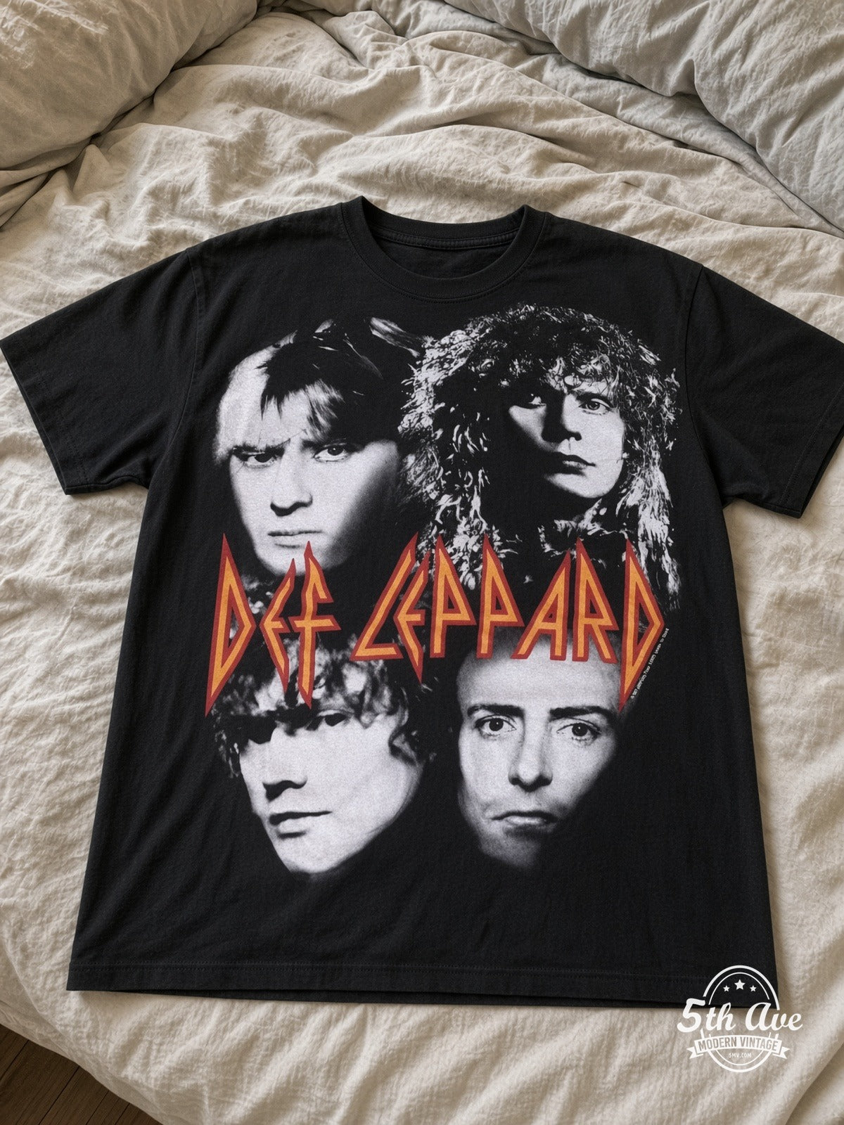 Def Leppard Never Ending Weekend Tour 93 all over print vintage tee laid on bed