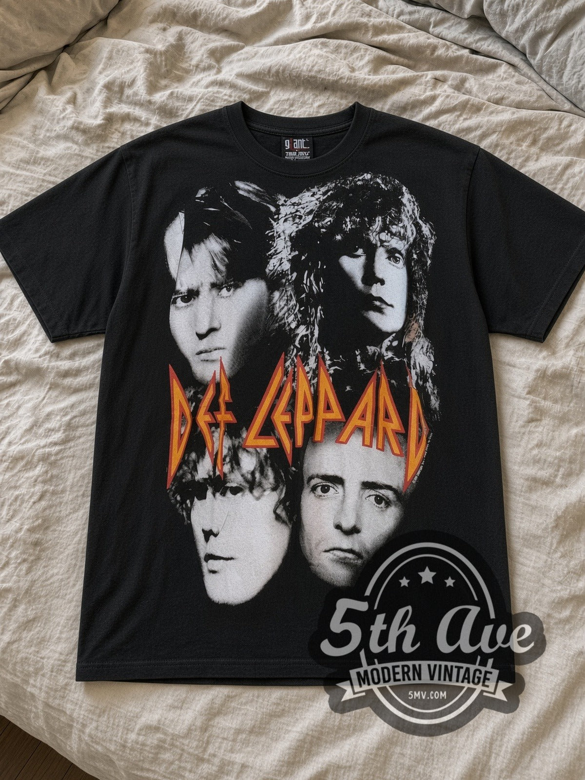Black Def Leppard The Never Ending Weekend Tour 1993 All Over Print Vintage Band T-Shirt laid flat on a linen bed