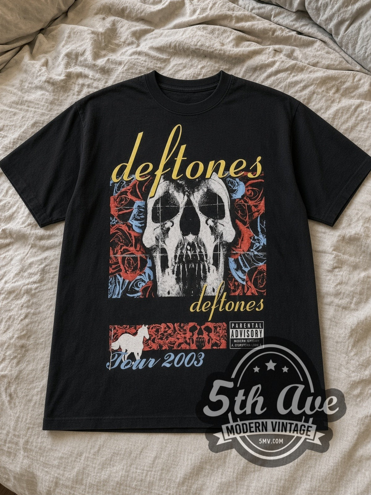 Black Deftones Tour 2003 Vintage Band T-Shirt laid flat on a linen bed