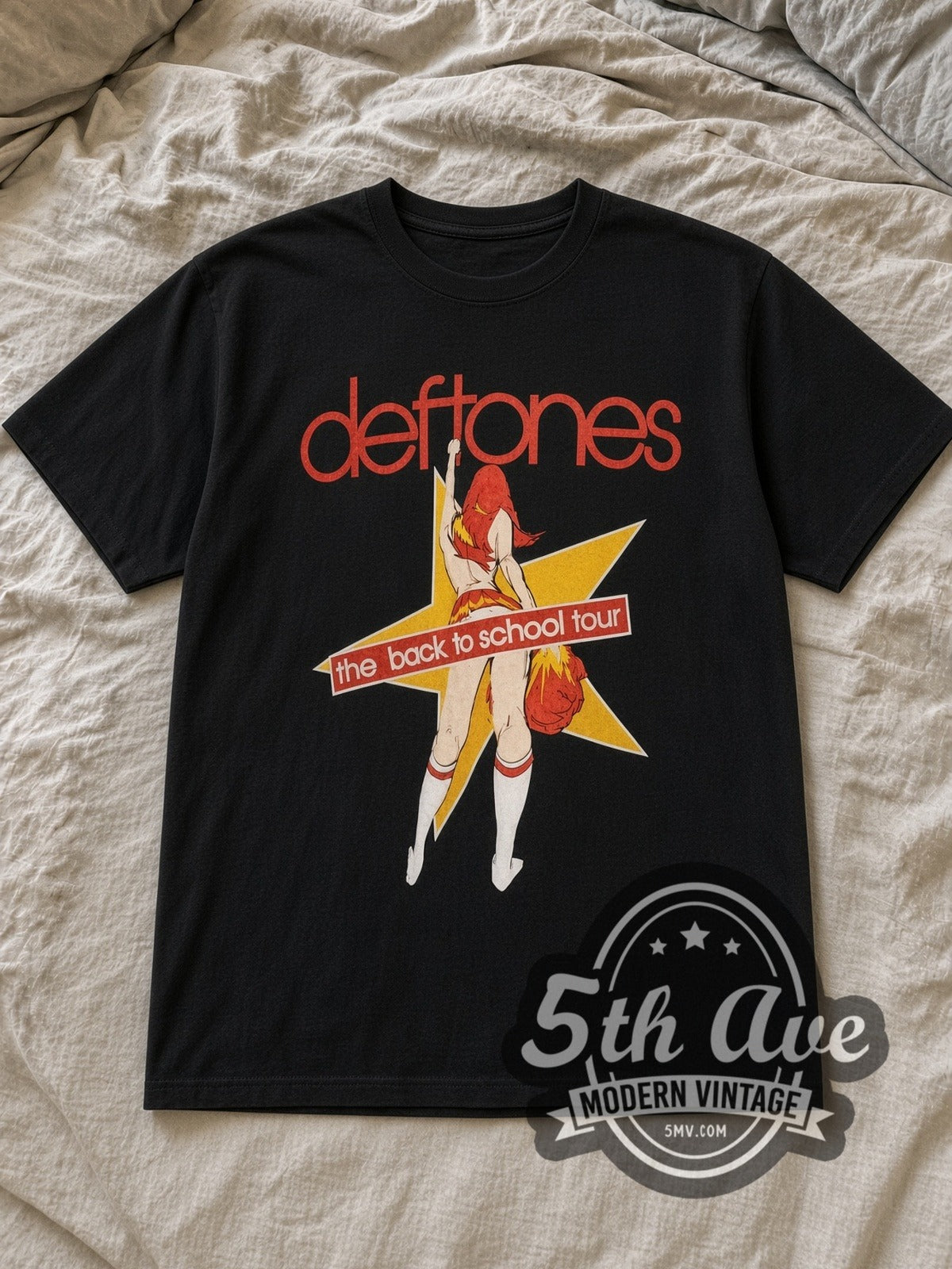 Black Deftones The Back to School Tour B2S Vintage Band T-Shirt laid flat on a linen bed
